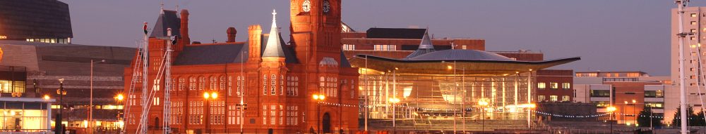 Exterior shot of Senedd Building at twilight